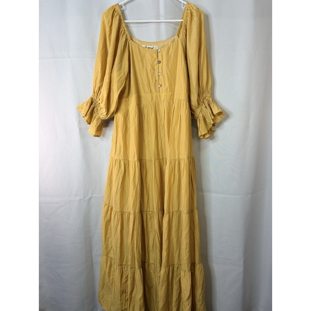 Three Birds Nest Mustard Yellow Puff Sleeve Tiered Maxi Dress L Boho Cottagecore